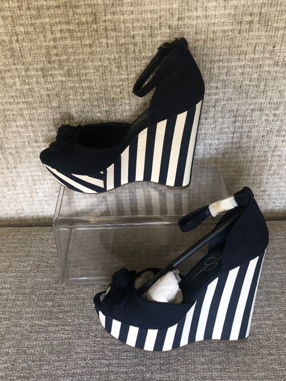 Jessica Simpson Striped Wedge Sandals Navy White Canvas Platform Size 6 NWOB